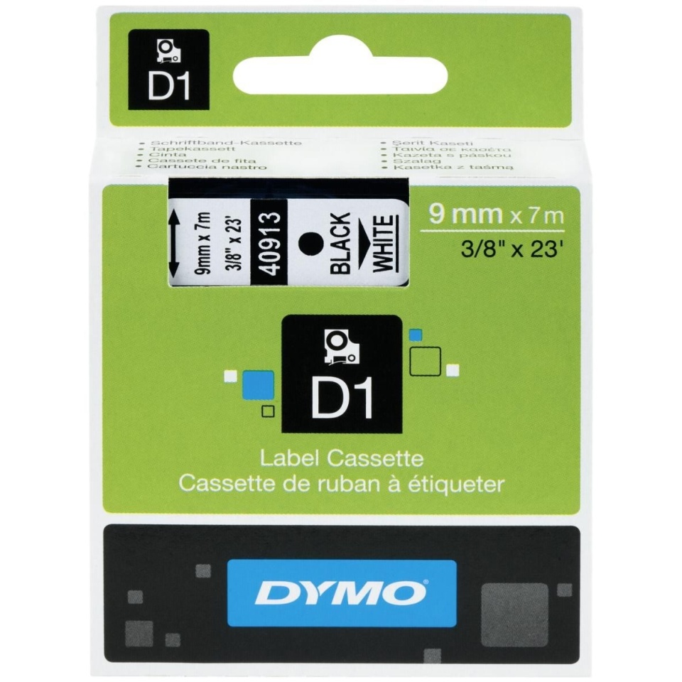 Dymo lint 9mmx7m must kiri valgel