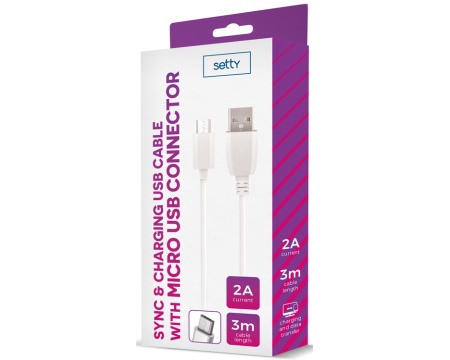 Kaabel microUSB 3m 2A laadimiseks white