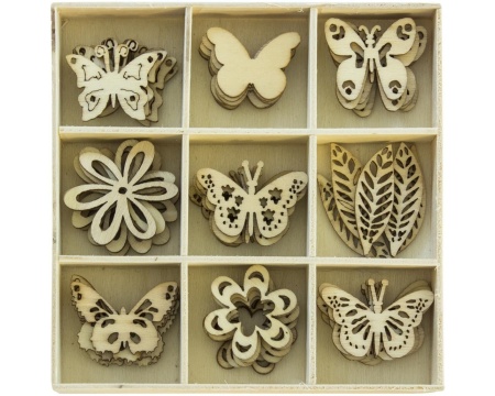 Puidust ornamendid 45tk/pk lill/liblikas