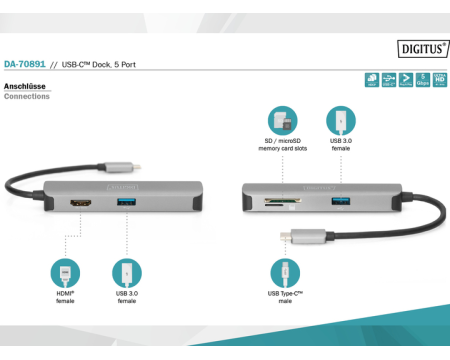 Dokk Digitus USB-C to HDMI4K/2xUSB/micSD